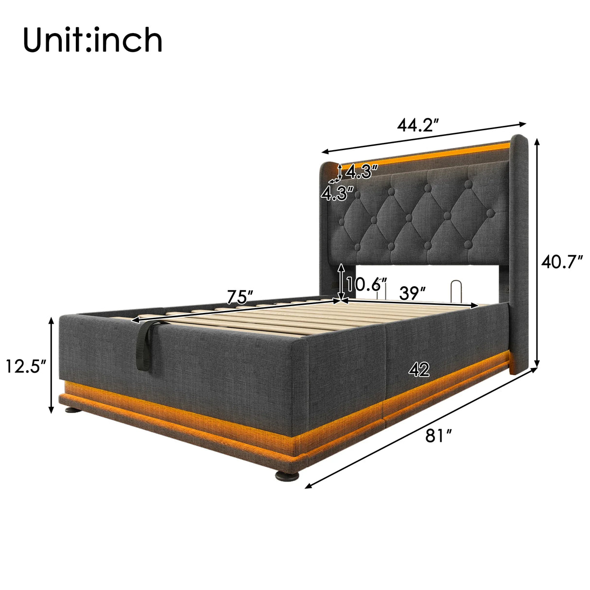 Twin Upholstered Linen Storage Bed With LED Lighting - Omega Lifestyles