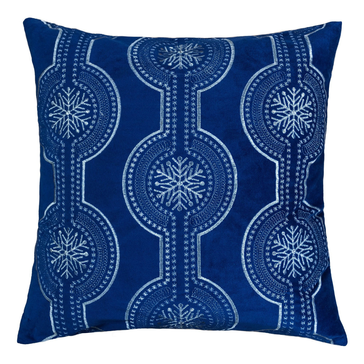 Blue Velvet Holiday Embroidered Snowflake Throw Pillow 20x20