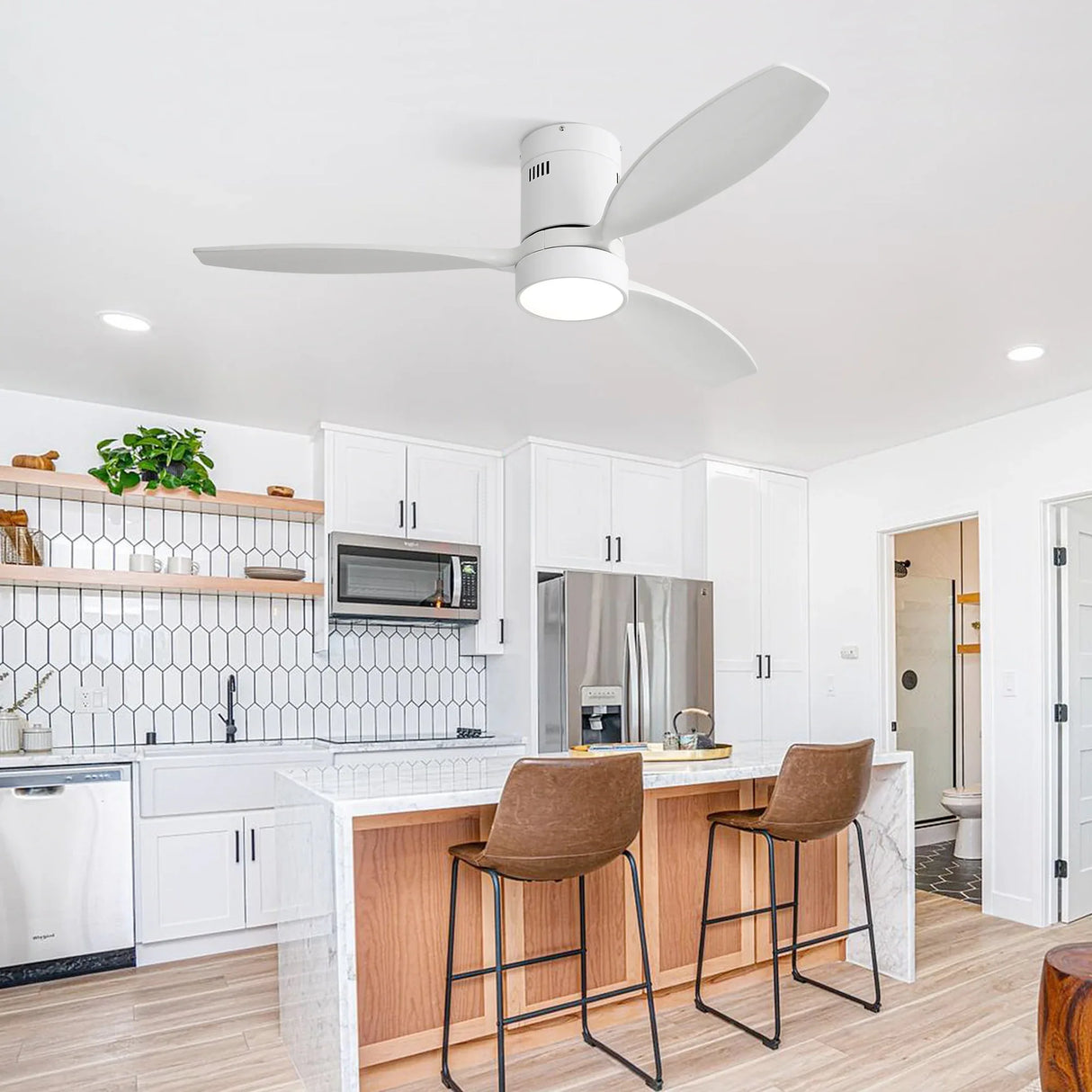 52-Inch Modern Wooden Flush Mount Ceiling Fan With Light - Omega Lifestyles