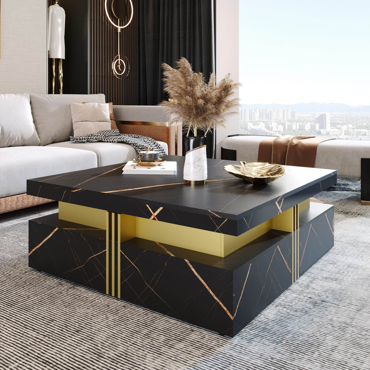 Modern Black Gold Accented Square Coffee Table With Storage - Sleep Galleria