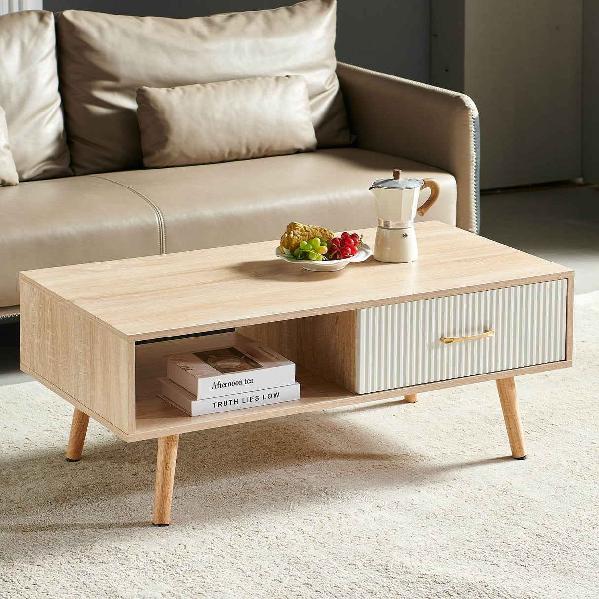Solid Wood Modern Rectangle Coffee Table With Drawer Storage - Sleep Galleria