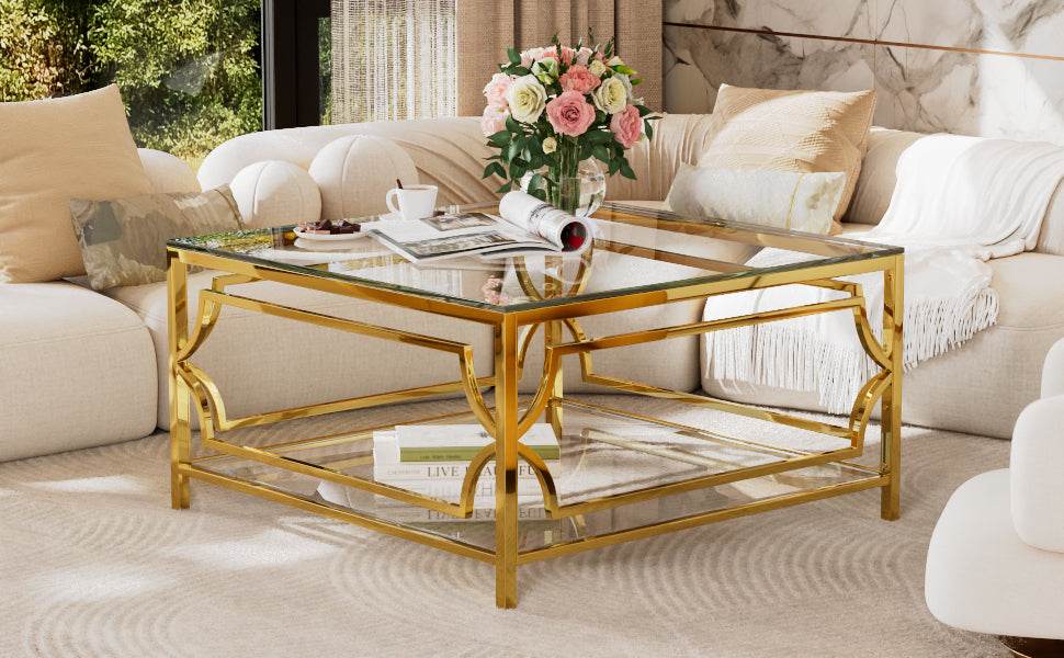 Square Tempered Glass Coffee Table With Gold Frame - Sleep Galleria