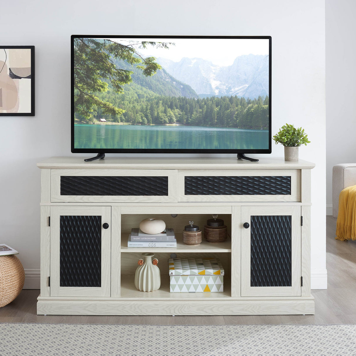 Embossed White MDF TV Stand With Storage and Cord Management - Sleep Galleria