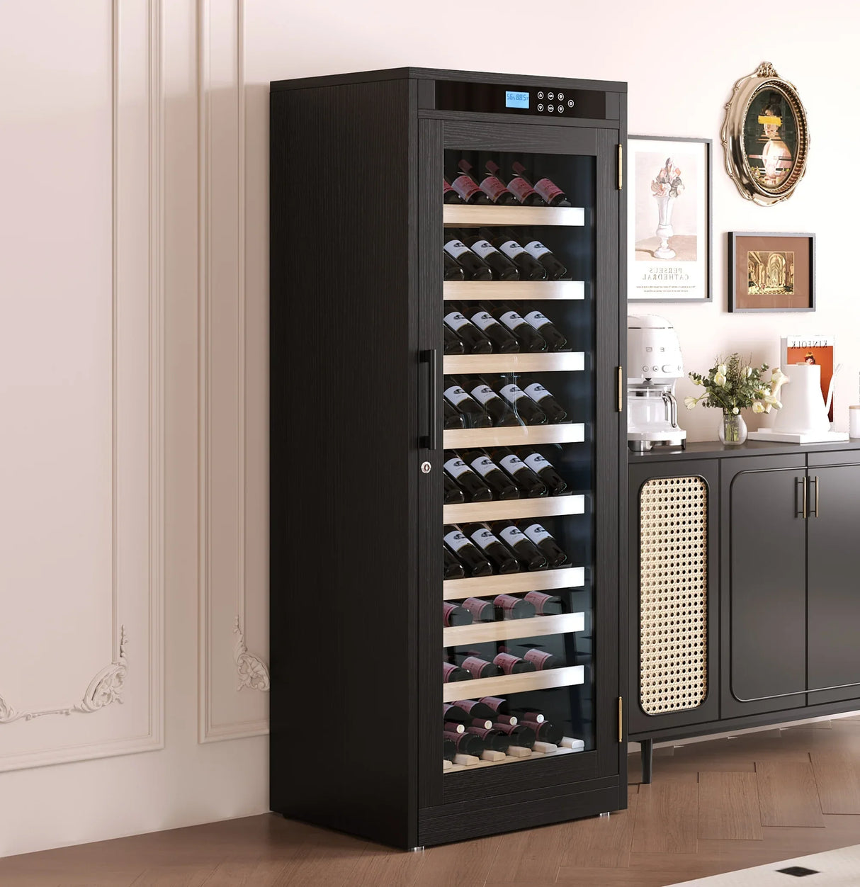 Temperature-Controlled Multi-Tiered Black Wood Wine Cabinet - Omega Lifestyles