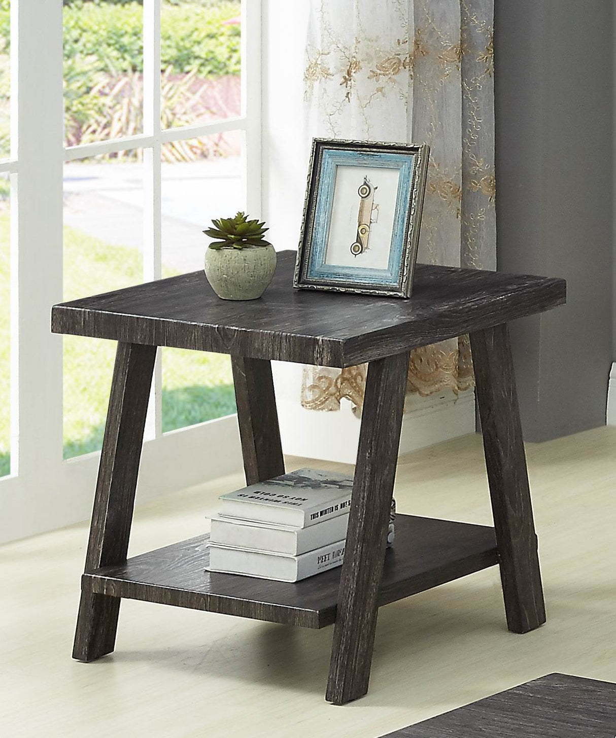 Contemporary Wood Shelf Coffee Table Set Charcoal Finish - Sleep Galleria