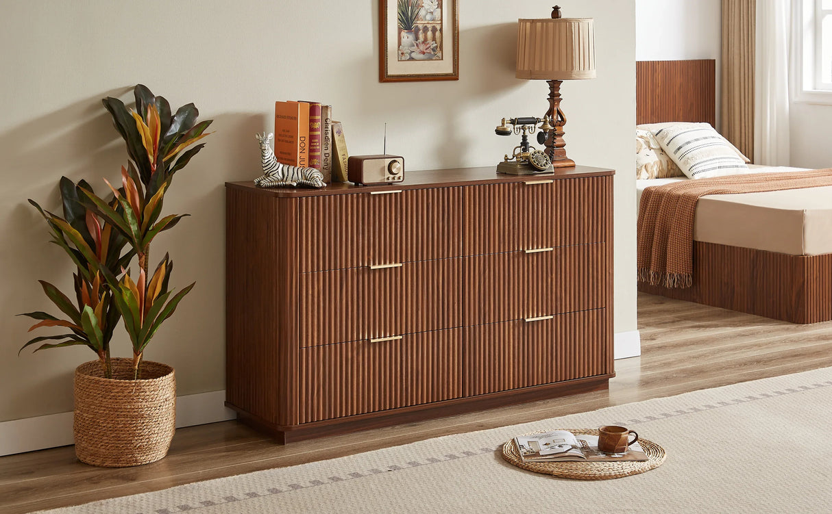Modern Walnut 6-Drawer Dresser With Wave Design - Omega Lifestyles