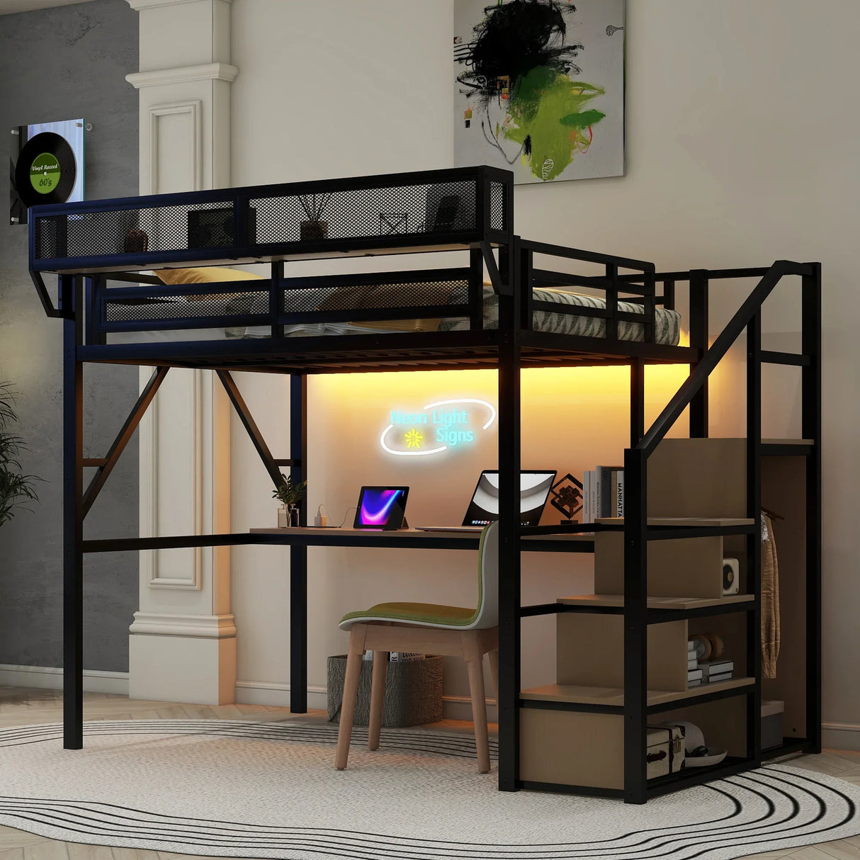Full Metal Full Size Loft Bed With Desk Charging Station - Omega Lifestyles