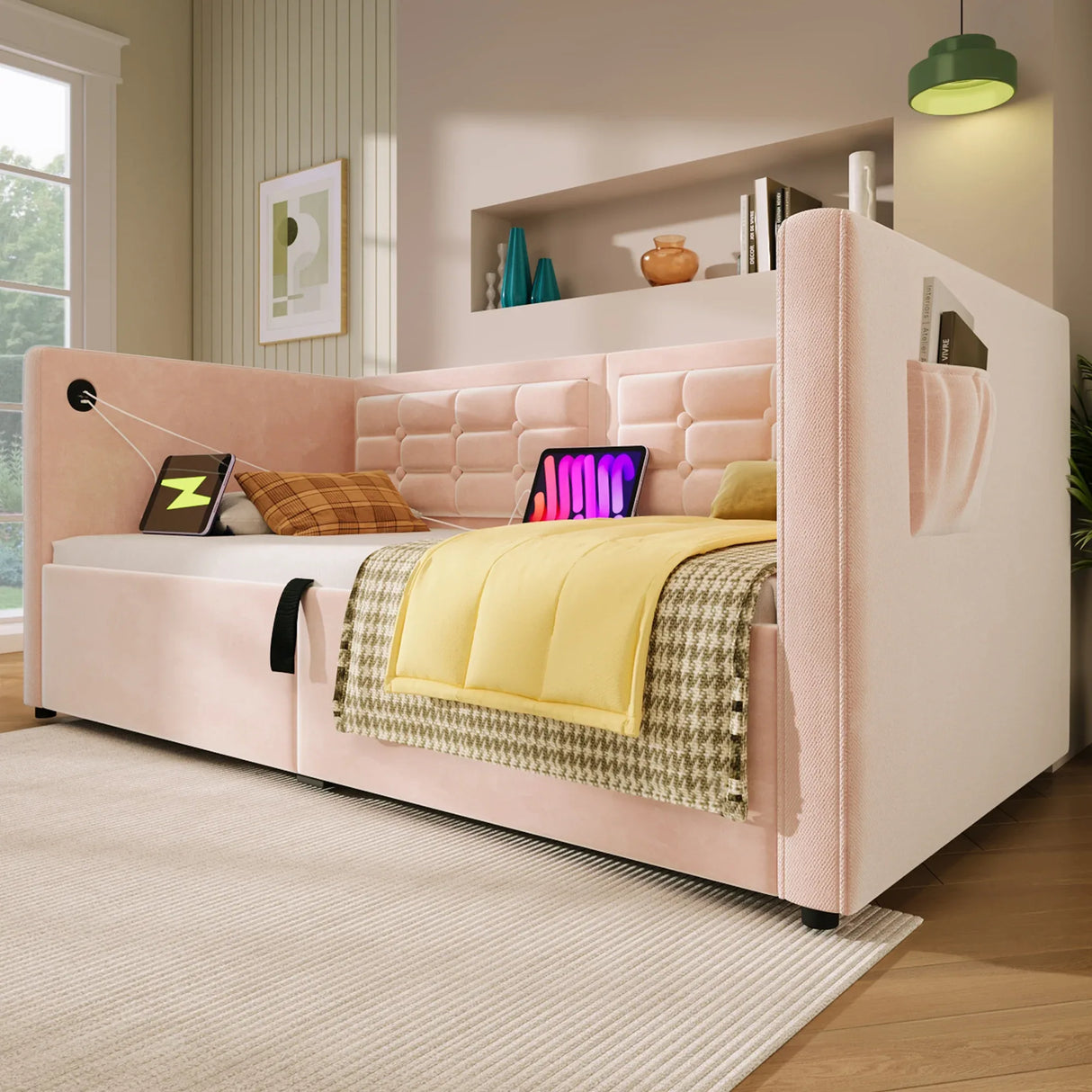 Twin Pink Velvet Upholstered Hydraulic Storage Bed Frame - Omega Lifestyles