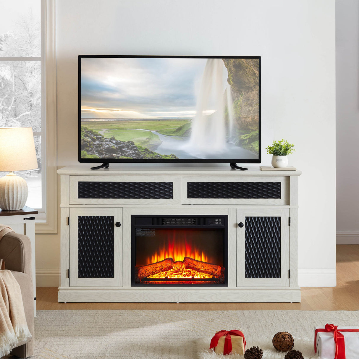 Embossed Oak Fireplace TV Stand With Storage - Sleep Galleria