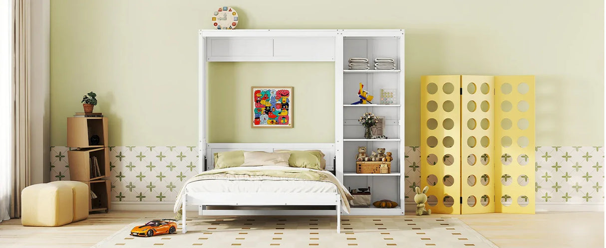 Queen Murphy Bed Wall Bed With Shelves White Solid Wood - Omega Lifestyles