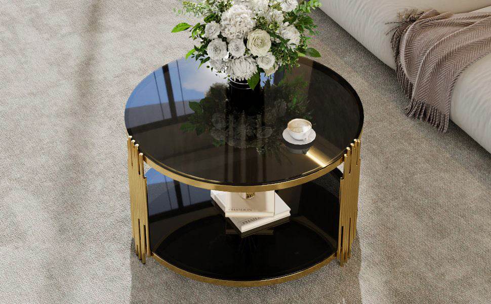 Modern Black Mirror Round Coffee Table With Shelf - Sleep Galleria