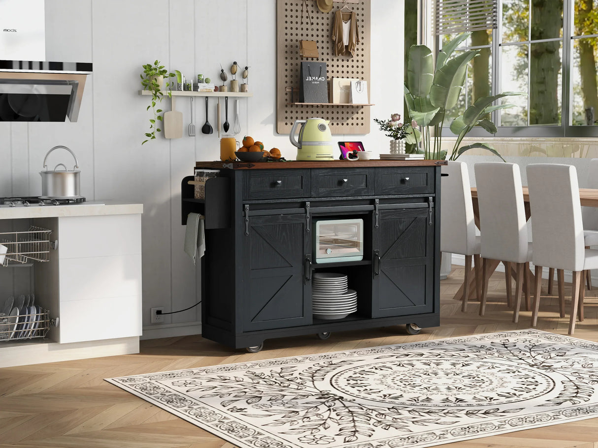 Farmhouse Kitchen Island Rolling Cart With Power Outlet - Omega Lifestyles