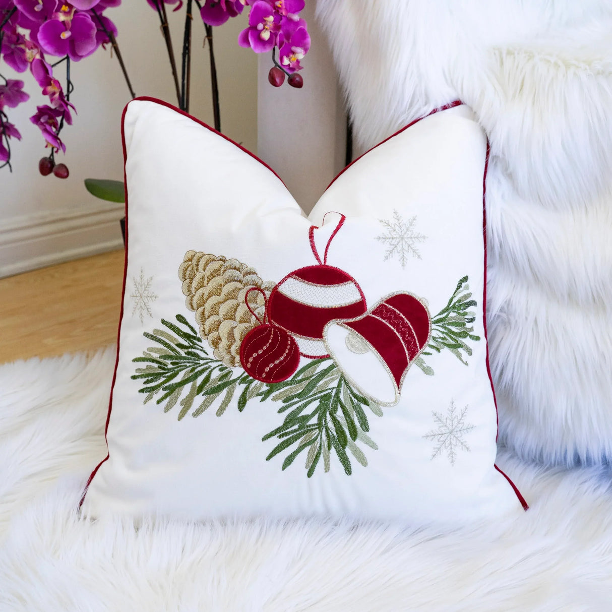 White 20x20 Embroidered Christmas Velvet Throw Pillow - Omega Lifestyles