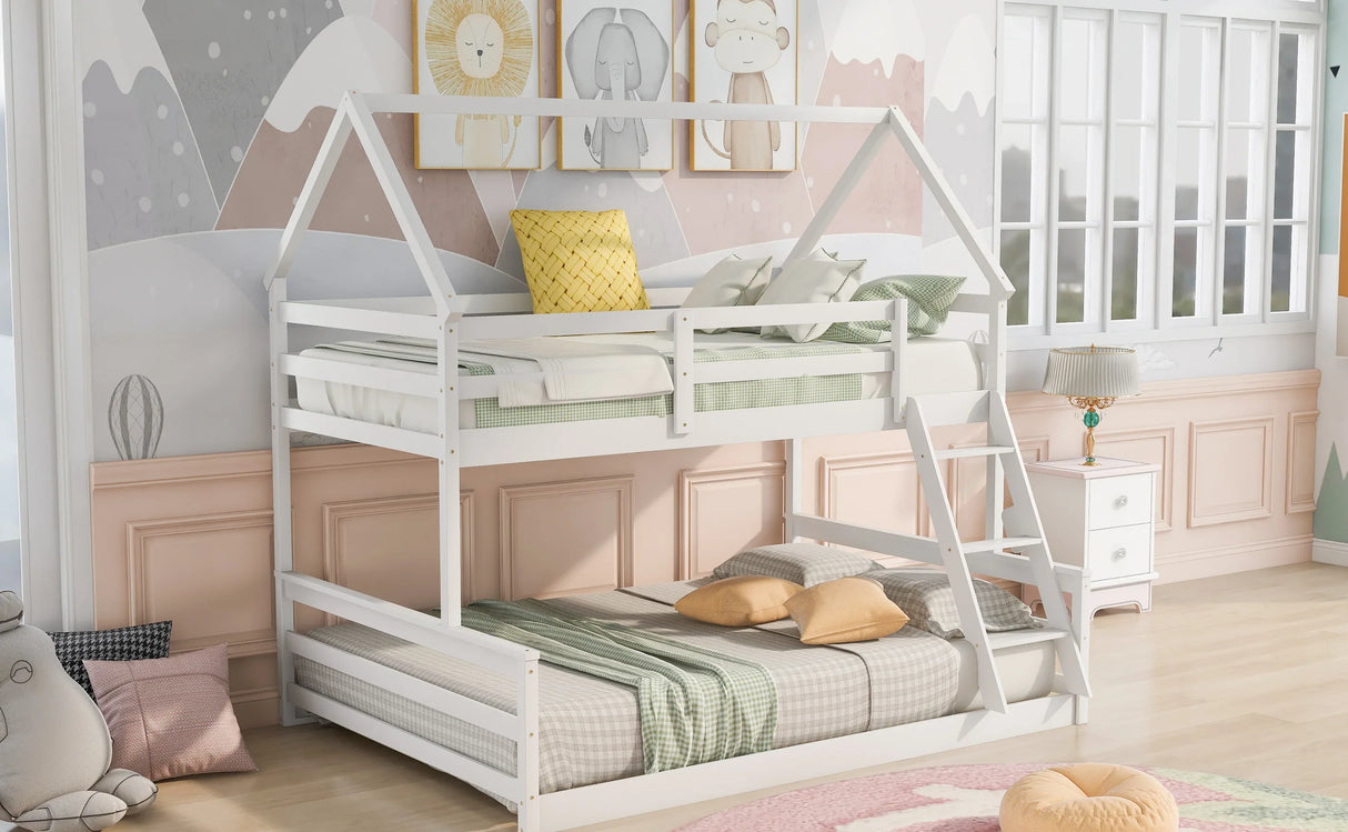 Twin Over Full Pine Wood House Bunk Bed With Ladder - Omega Lifestyles