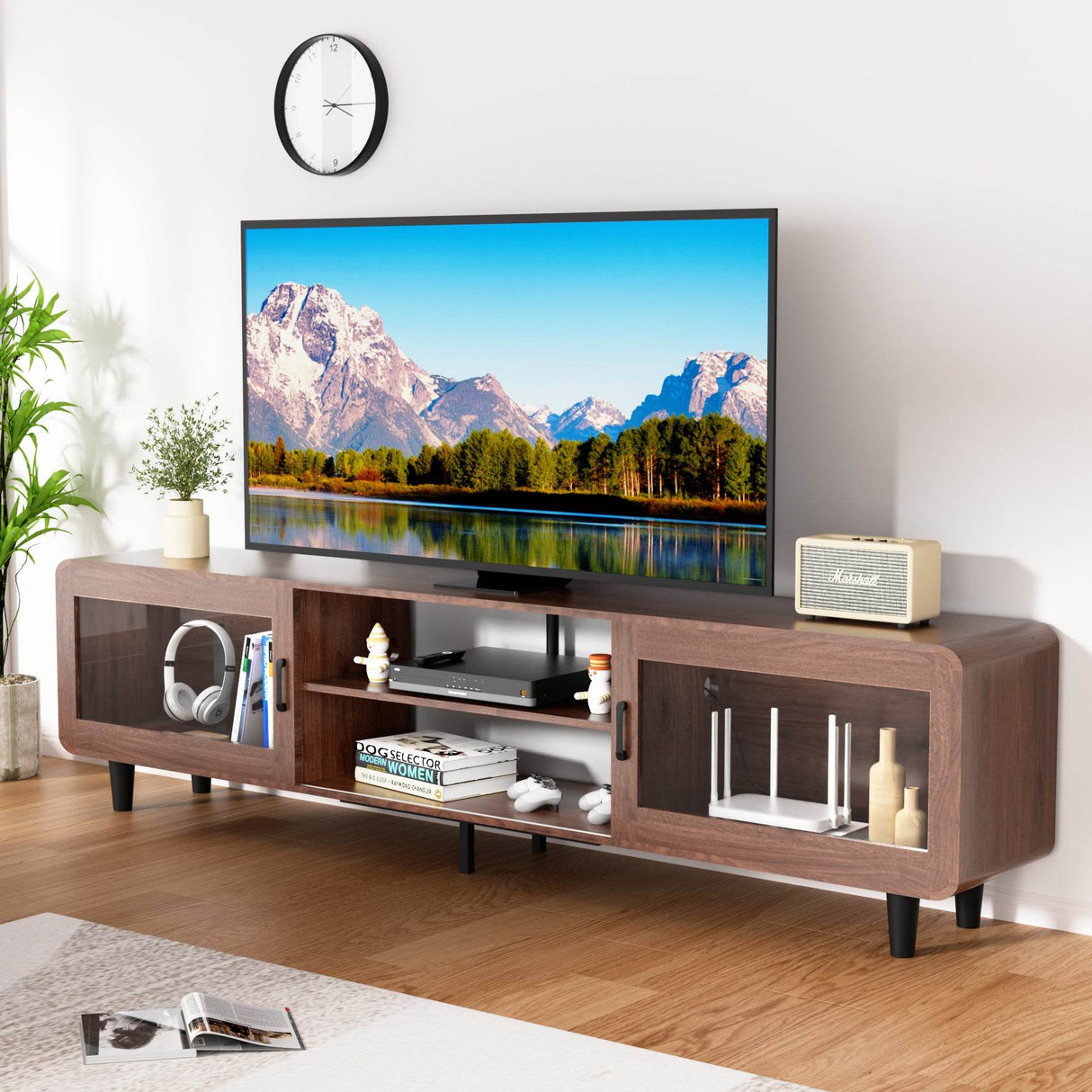 Mid Century Modern Walnut Wood TV Stand With Charging Station - Sleep Galleria