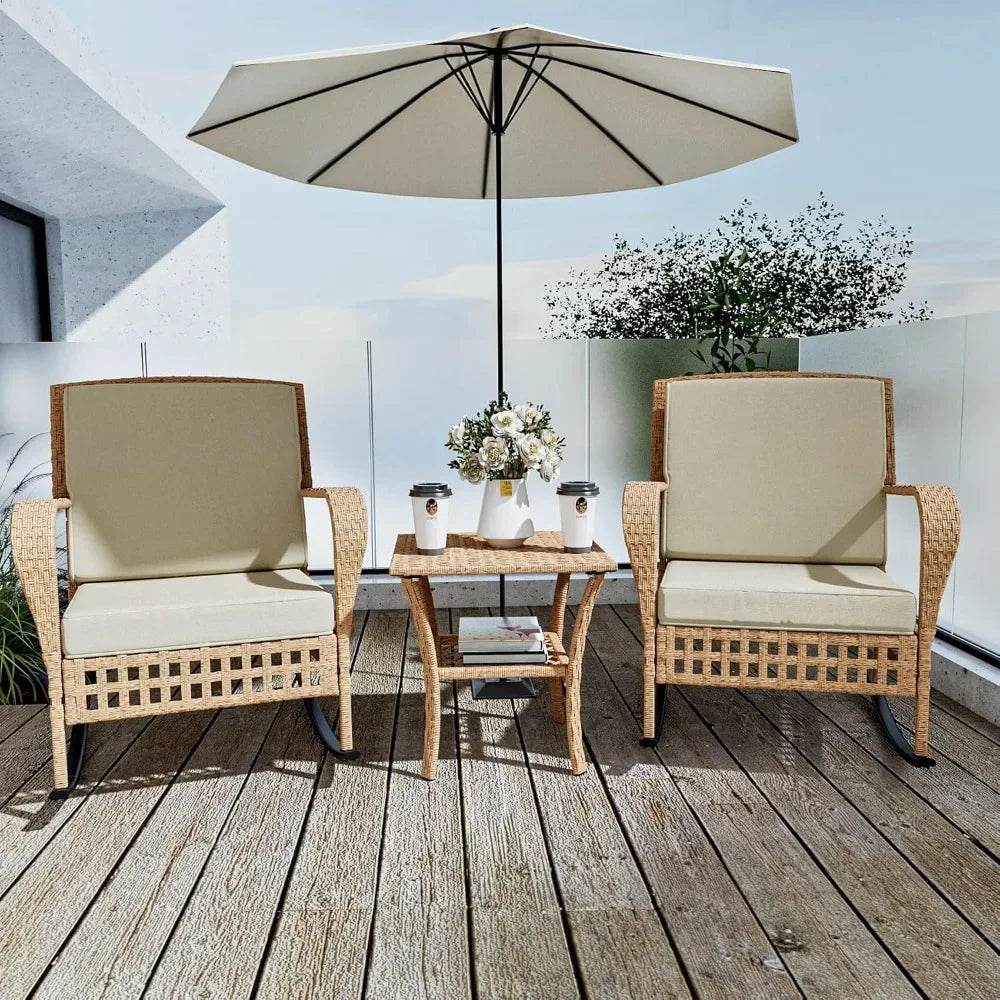 3-Piece Outdoor Rattan Rocking Chair Set With Cushions - Omega Lifestyles