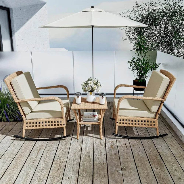 3-Piece Outdoor Rattan Rocking Chair Set With Cushions - Omega Lifestyles