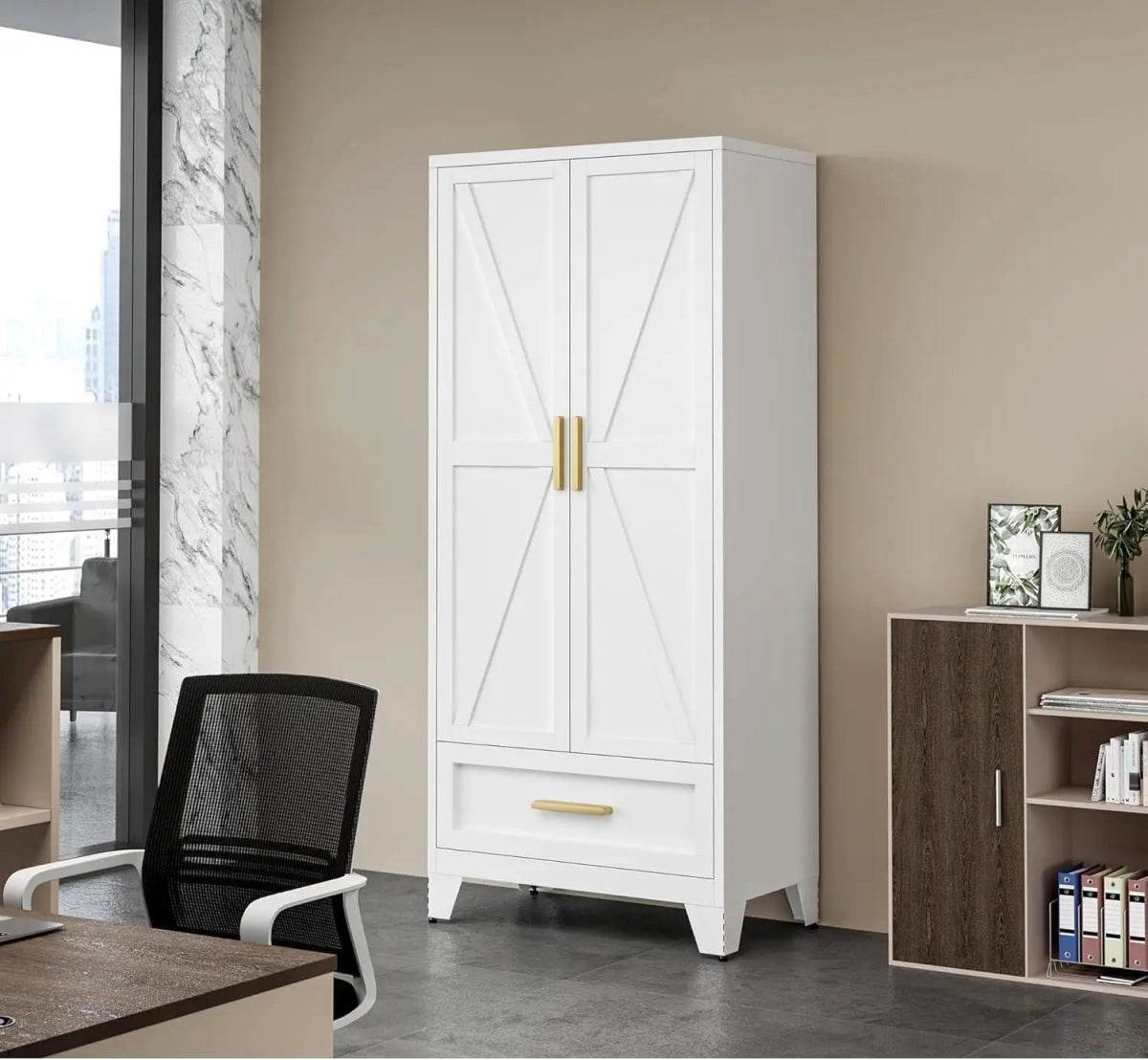 Large Heavy-Duty Metal Wardrobe Cabinet With Drawer - Omega Lifestyles