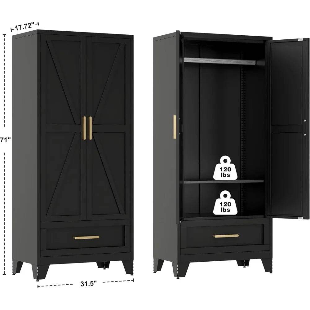 Large Heavy-Duty Metal Wardrobe Cabinet With Drawer - Omega Lifestyles