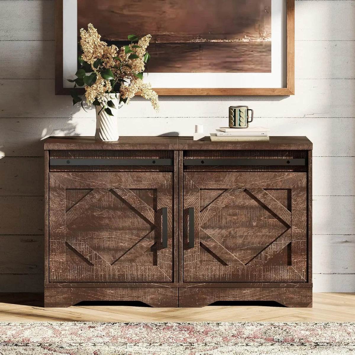 Set of 2 Farmhouse Rustic Brown Wood Nightstands - Omega Lifestyles