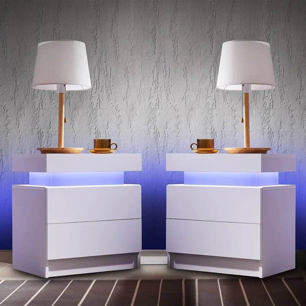 Set of 2 Modern Morocco LED Nightstands With Drawers - Omega Lifestyles