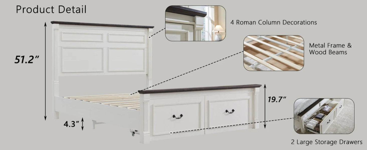 Farmhouse Wood Bed Frame with Storage Drawers - Omega Lifestyles