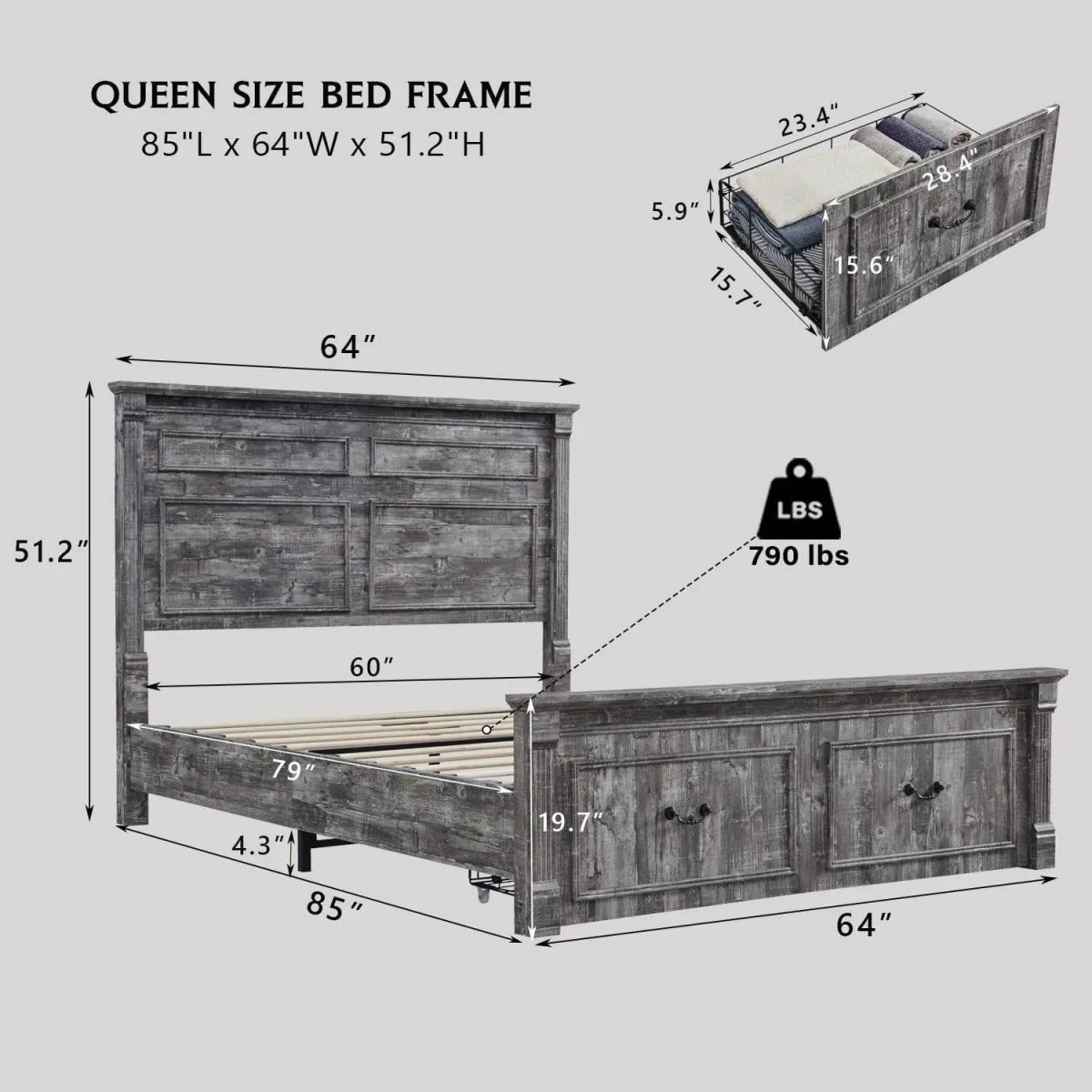 Farmhouse Wood Bed Frame with Storage Drawers - Omega Lifestyles