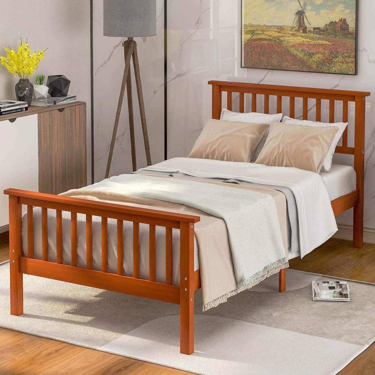 Queen Solid Pine Wood Platform Bed Frame With Headboard - Harper&Bright Designs - Omega Lifestyles
