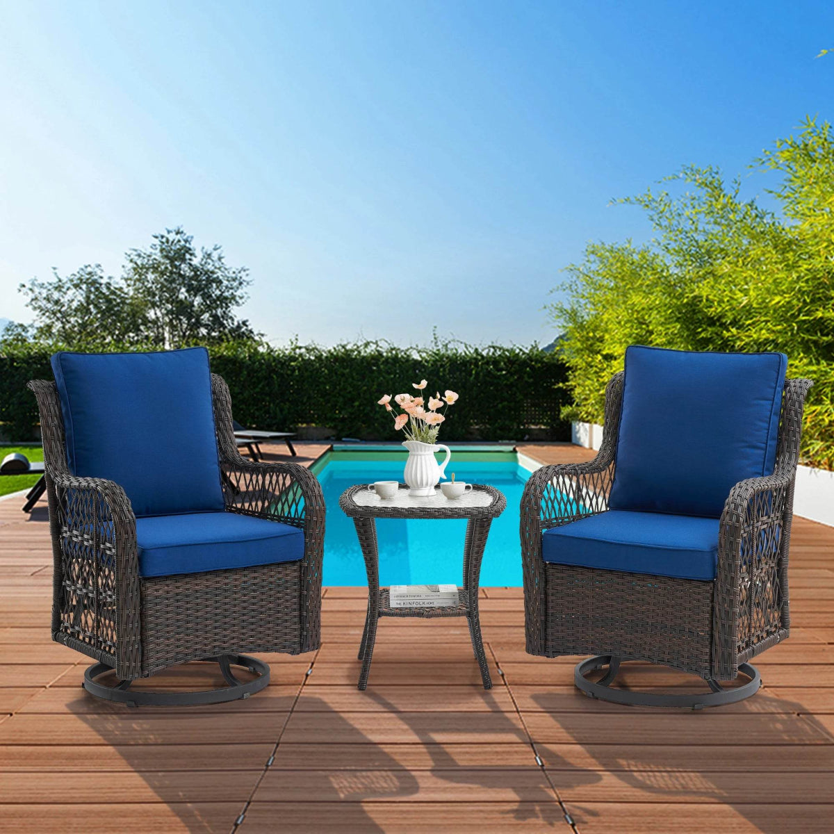 3-Piece Outdoor Rattan Wicker Swivel Rocking Chair Set - Omega Lifestyles
