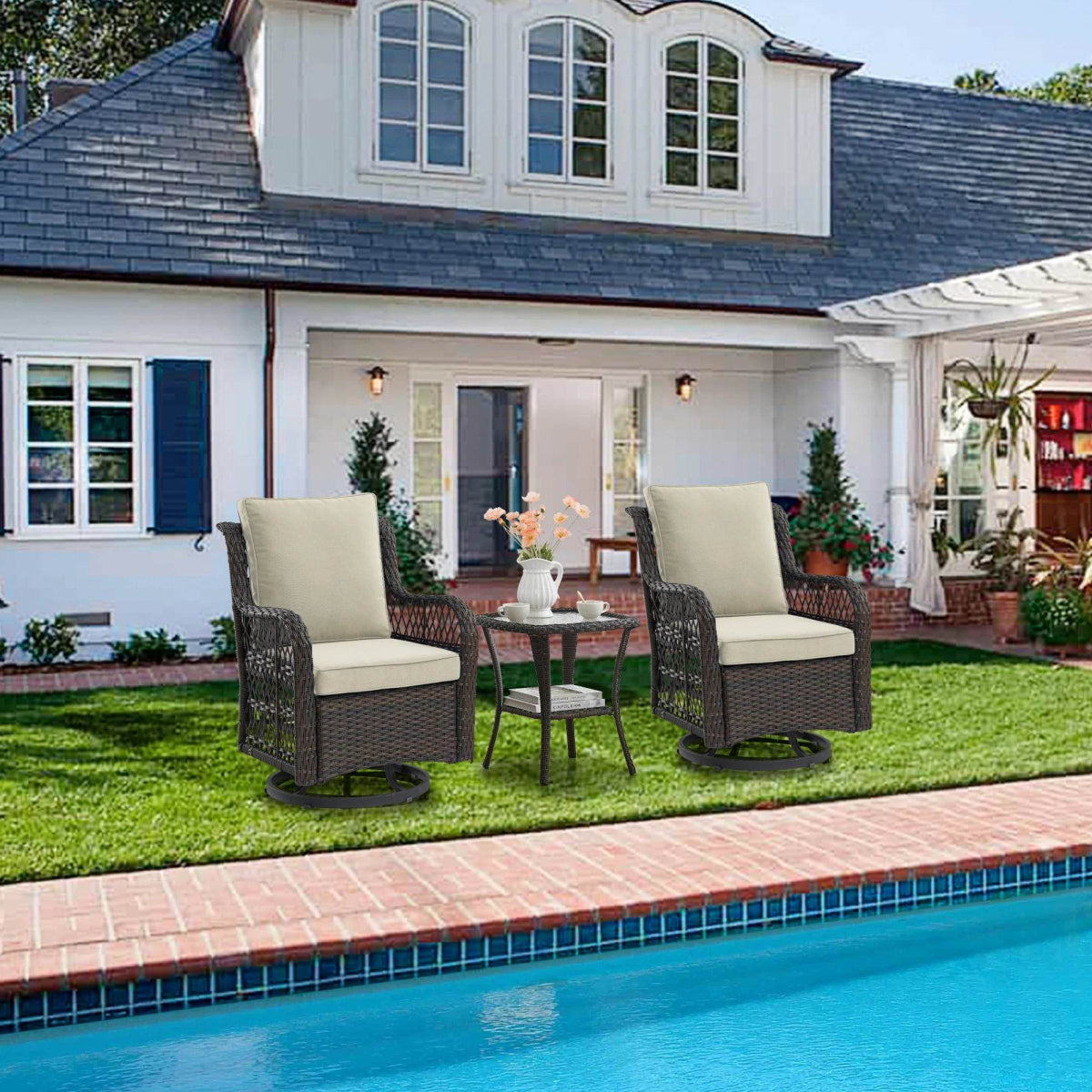 3-Piece Outdoor Rattan Wicker Swivel Rocking Chair Set - Omega Lifestyles