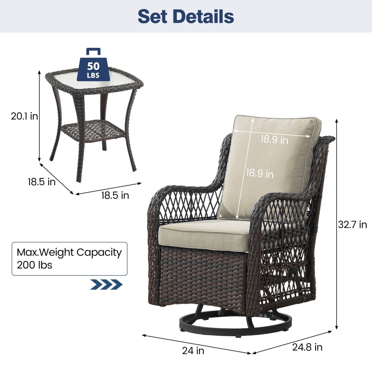 3-Piece Outdoor Rattan Wicker Swivel Rocking Chair Set - Omega Lifestyles