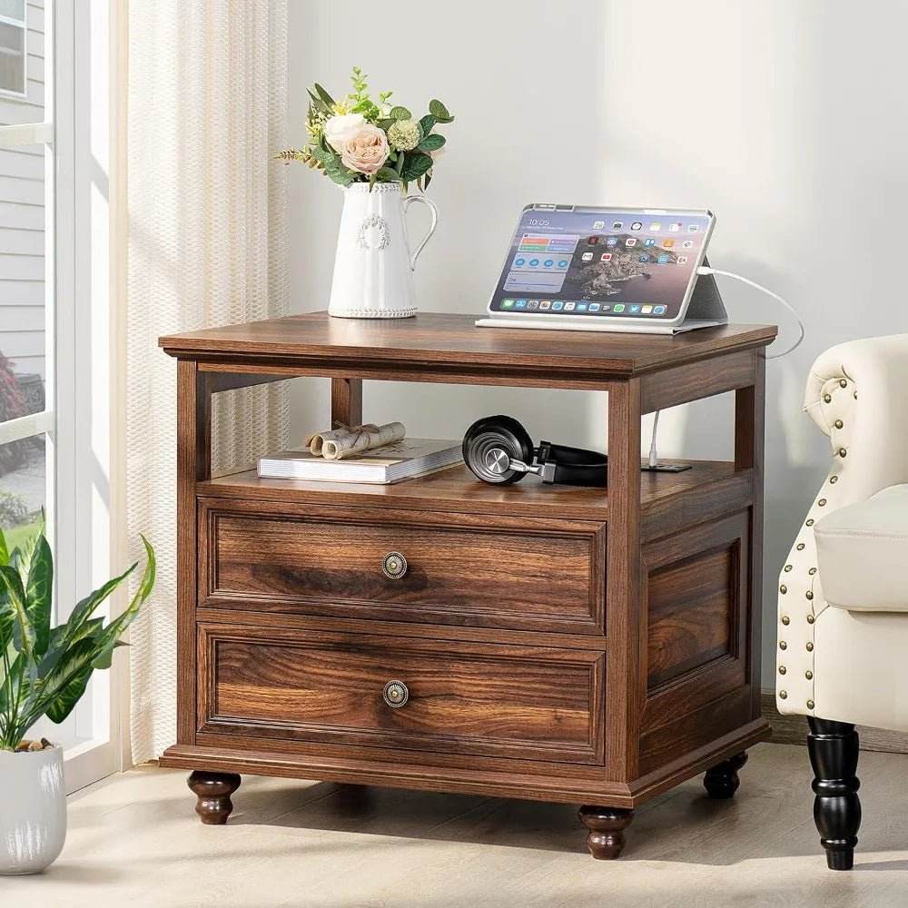Farmhouse Wood Nightstand With Charging Station - Omega Lifestyles