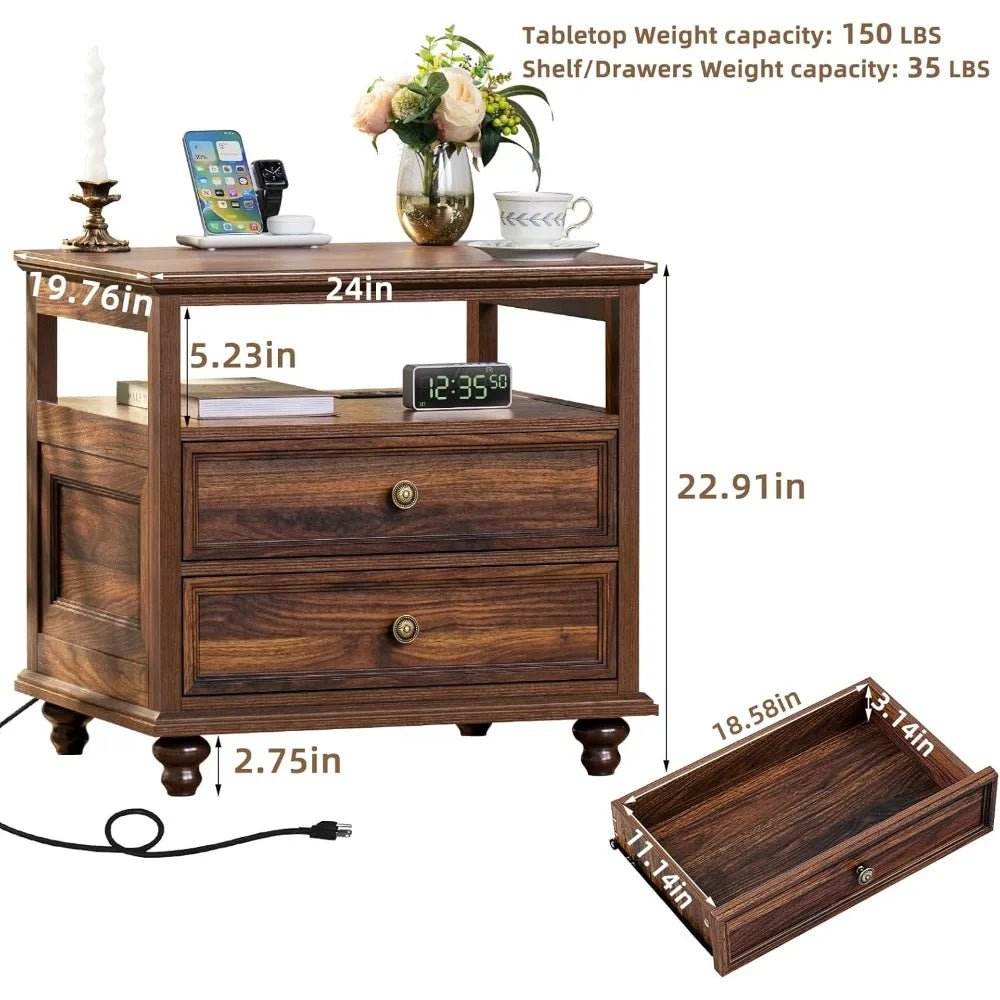 Farmhouse Wood Nightstand With Charging Station - Omega Lifestyles
