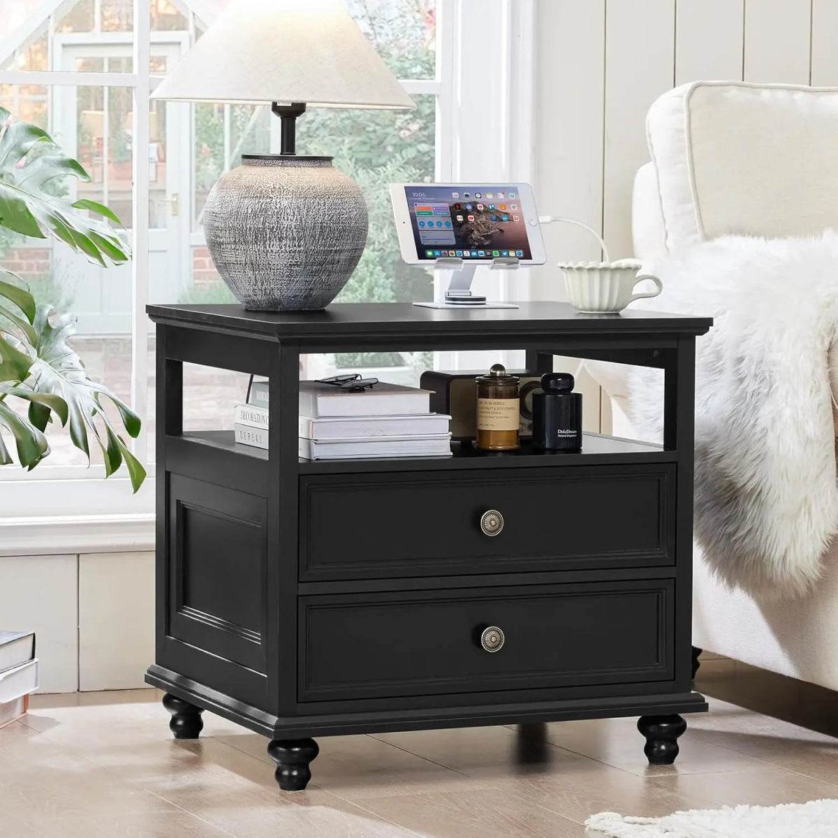 Farmhouse Wood Nightstand With Charging Station - Omega Lifestyles