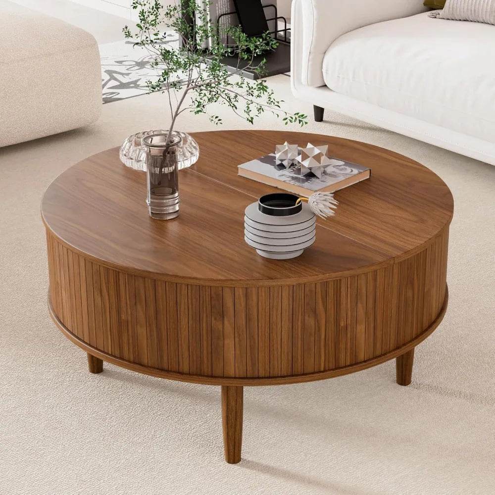 Lift Top Round Fluted Coffee Table With Storage - Omega Lifestyles