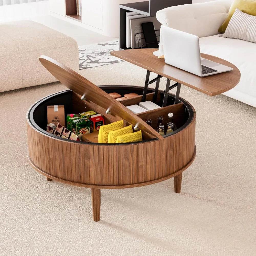 Lift Top Round Fluted Coffee Table With Storage - Omega Lifestyles