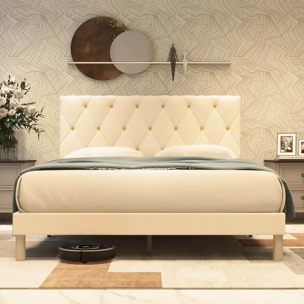 Velvet Upholstered Queen Platform Bed Frame With Headboard - Omega Lifestyles