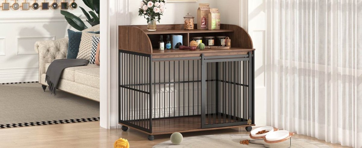 Furniture-Style Brown Engineered Wood Dog Crate With Wheels - Sleep Galleria