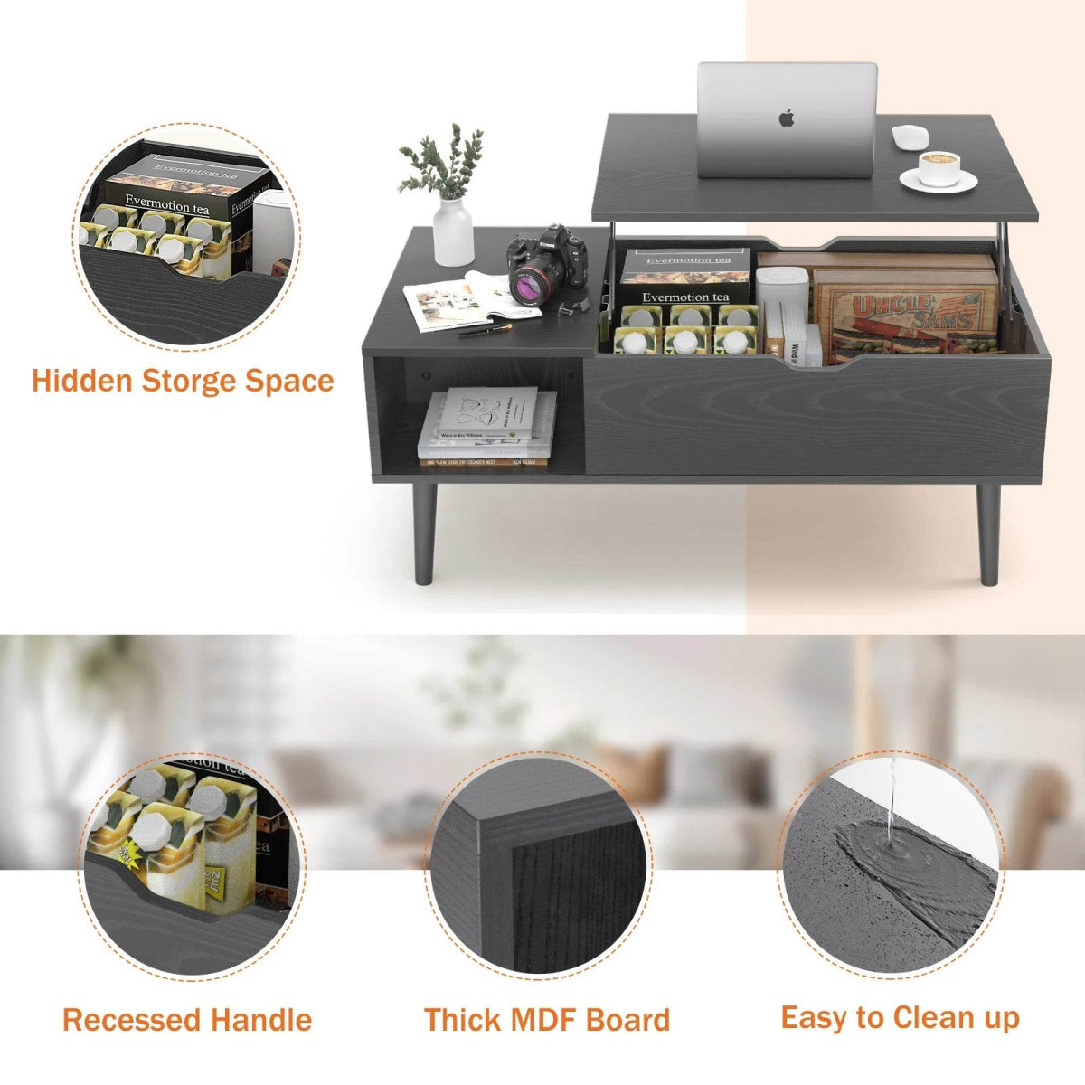 Adjustable Lift Top Living Room Coffee Table With Storage - Omega Lifestyles