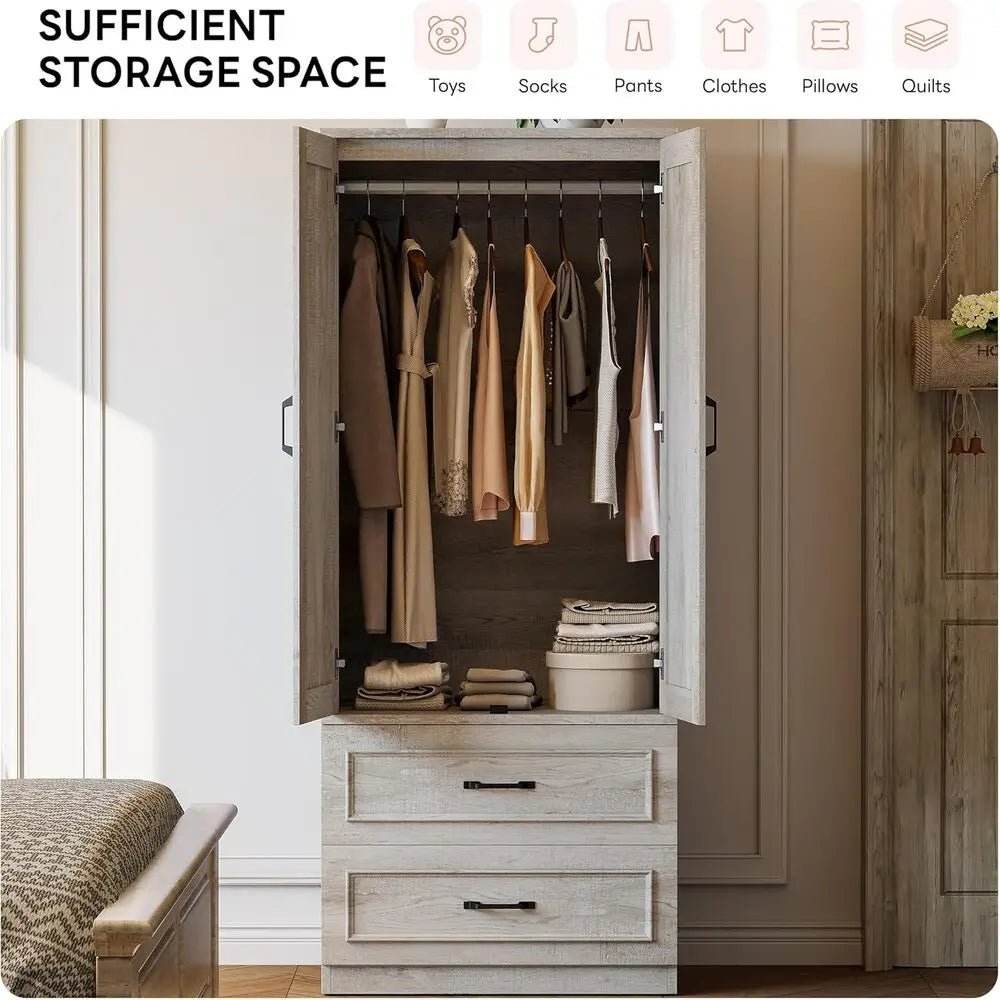 Freestanding Wooden Wardrobe Armoire With Doors Drawers - Omega Lifestyles