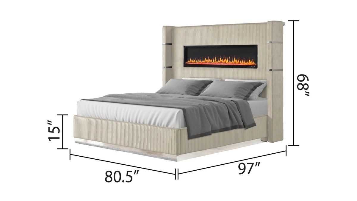 King Velvet Upholstered Wood Bed Frame With Fireplace Display - Lizelle - Omega Lifestyles