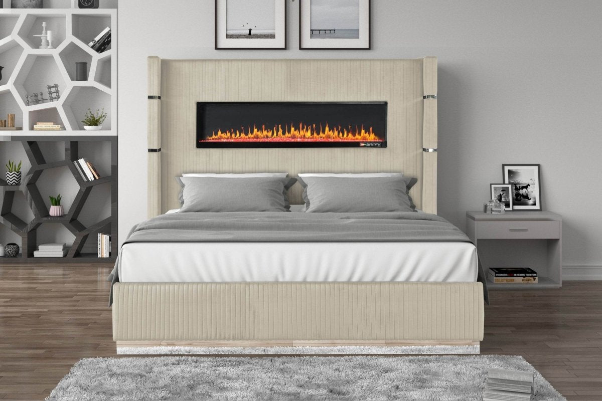 King Velvet Upholstered Wood Bed Frame With Fireplace Display - Lizelle - Omega Lifestyles