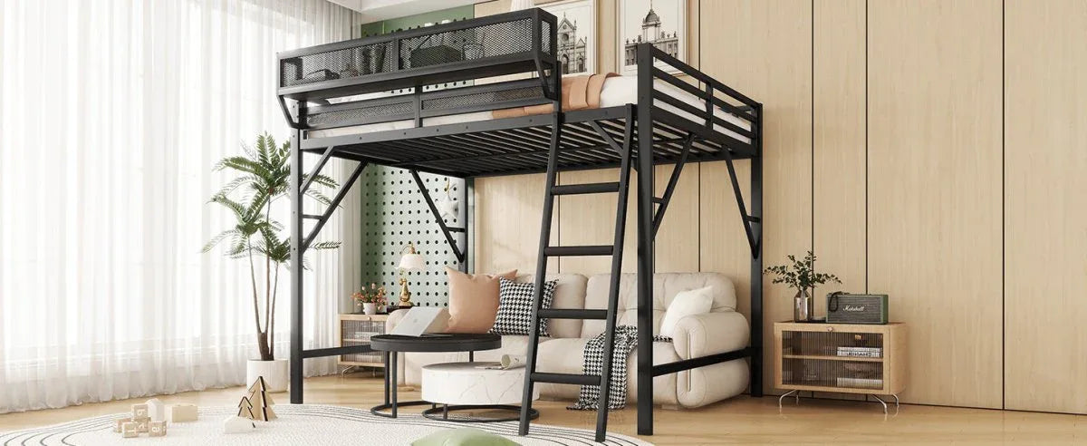 Full Metal Full Size Loft Bed With Ladder And Storage Shelves - Omega Lifestyles