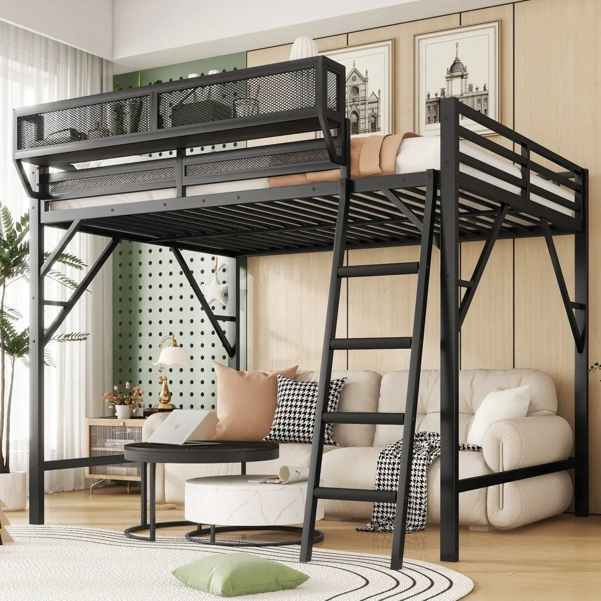Full Metal Full Size Loft Bed With Ladder And Storage Shelves - Omega Lifestyles