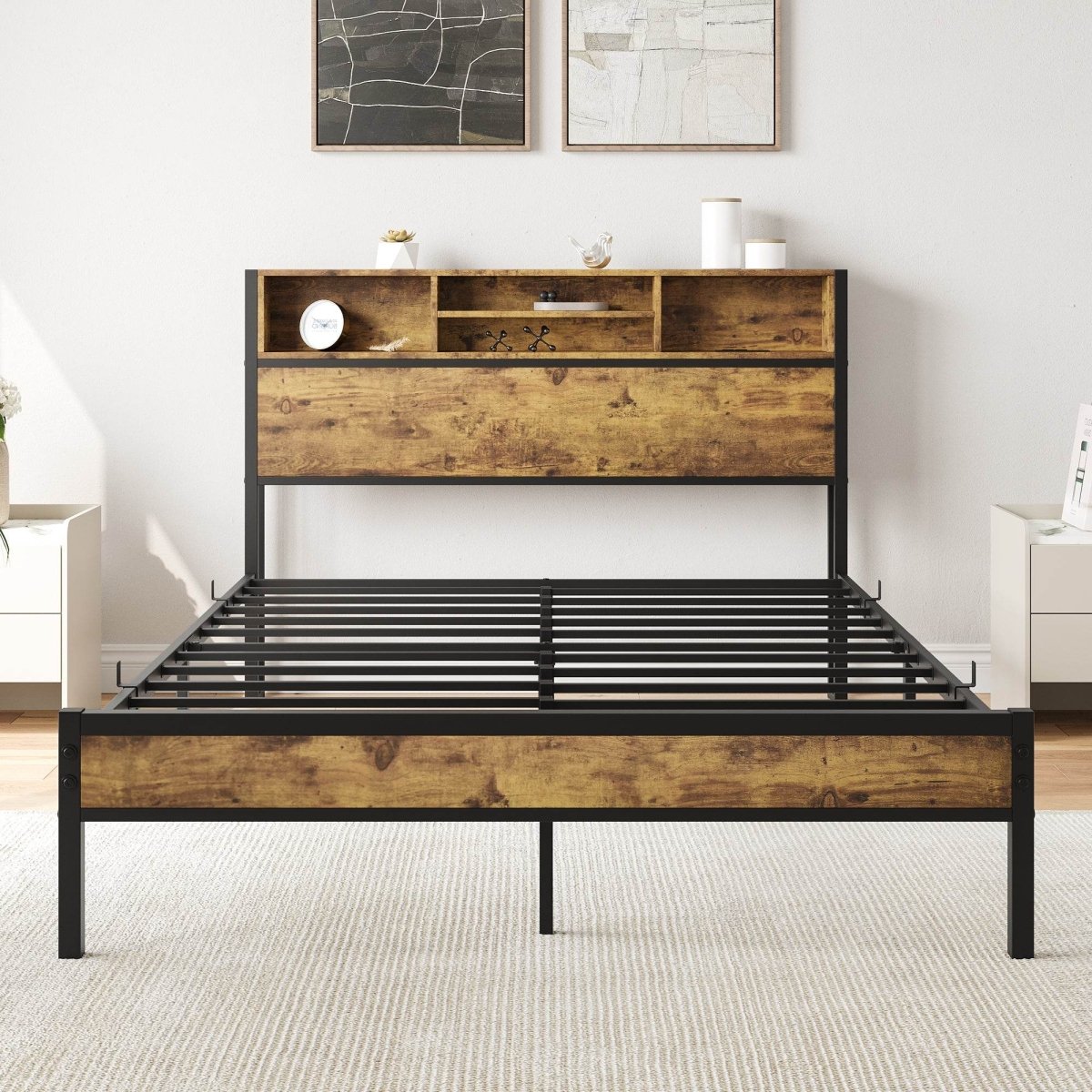 Full Metal Platform Full Bed Frame With Charging Station - Lunara - Omega Lifestyles