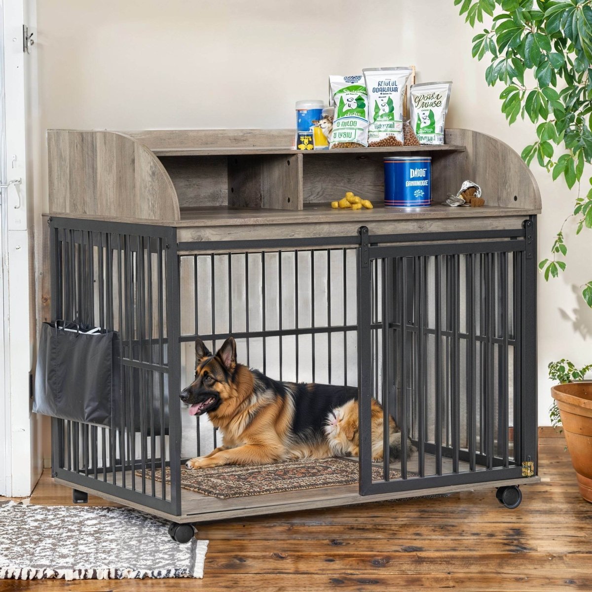 Furniture-Style Gray Engineered Wood Dog Crate With Wheels - Sleep Galleria
