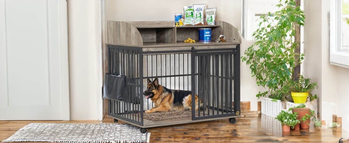 Furniture-Style Gray Engineered Wood Dog Crate With Wheels - Sleep Galleria