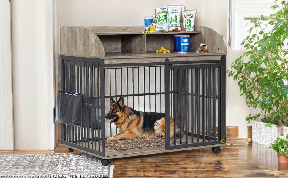 Furniture-Style Gray Engineered Wood Dog Crate With Wheels - Sleep Galleria