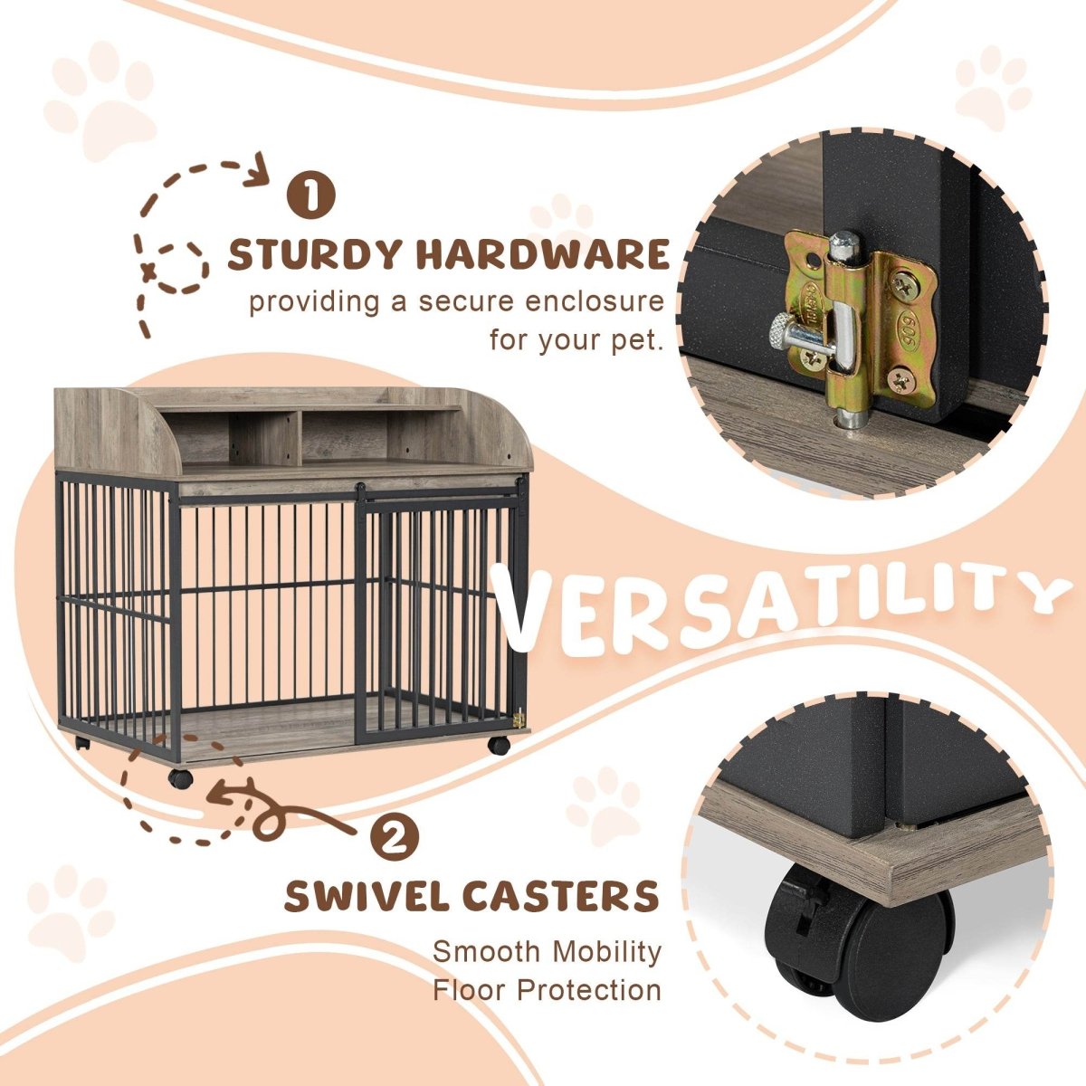 Furniture-Style Gray Engineered Wood Dog Crate With Wheels - Sleep Galleria