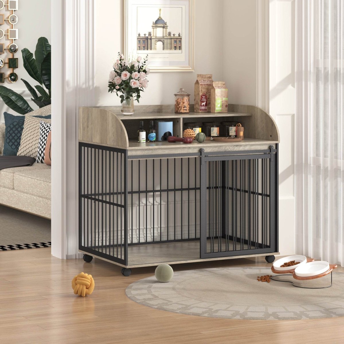 Furniture-Style Gray Engineered Wood Dog Crate With Wheels - Sleep Galleria